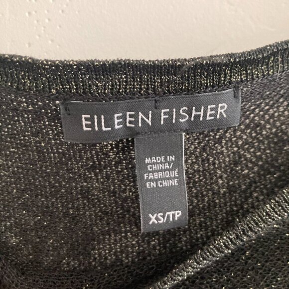 Eileen Fisher Linen Blend Crepe Sparkle Black Shirt Long Sleeve Boat Neck Party - Picture 8 of 11